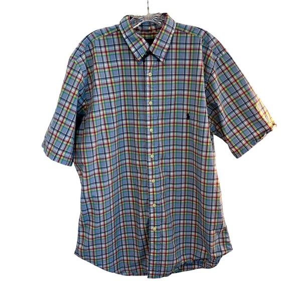 Ralph Lauren Plaid Button Down Shirt Mens Large Blue Short Sleeve Tall - Picture 3 of 9
